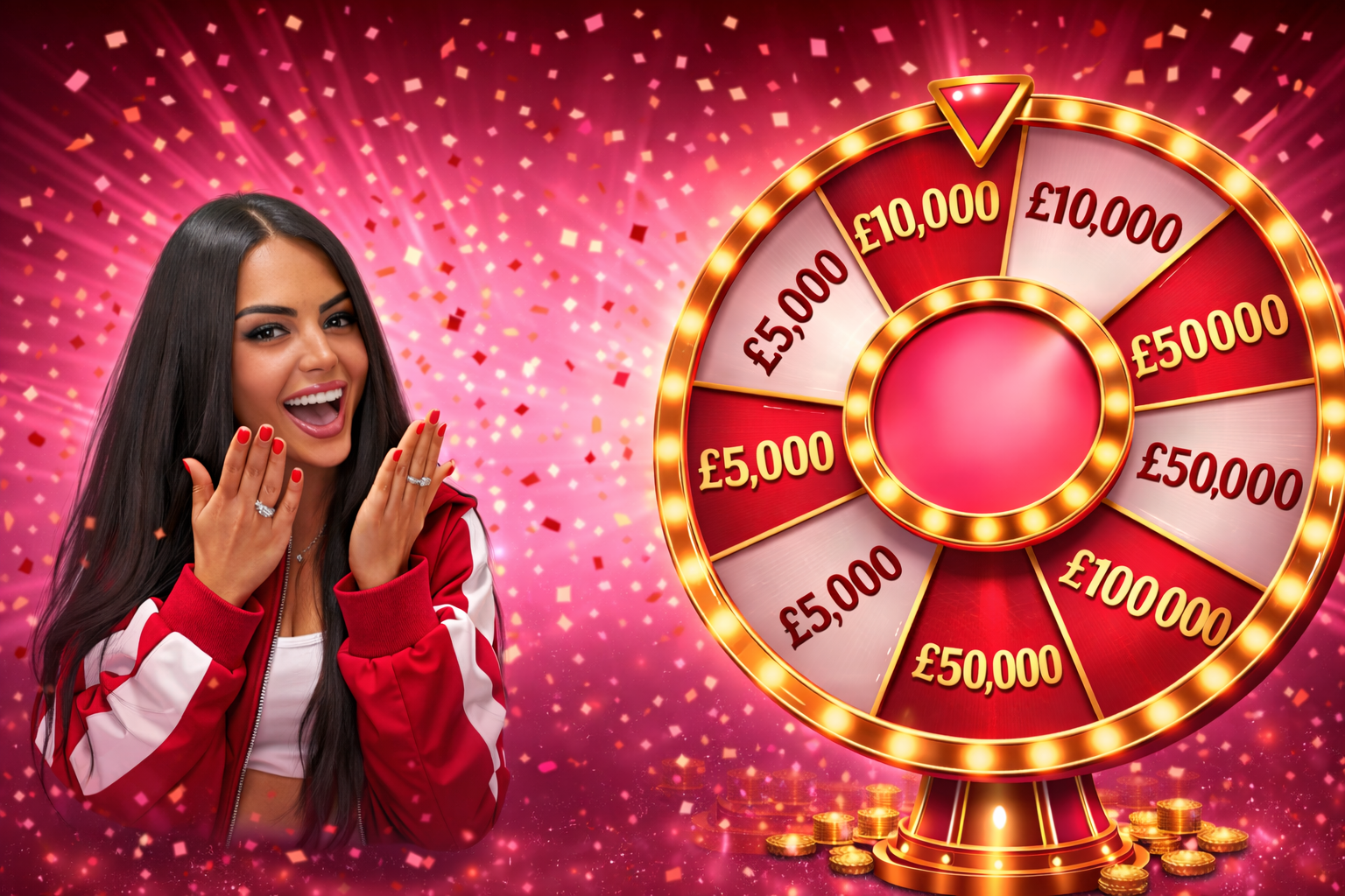 Excited winner next to a prize wheel with cash amounts from £5,000 to £100,000